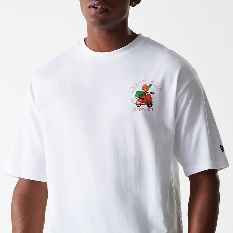 The Male model is wearing New Era Pizza Club Graphic White Oversized T-Shirt 6