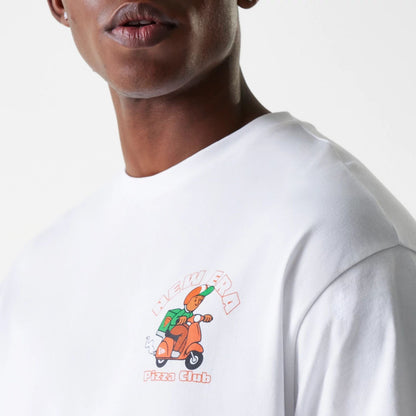 The Male model is wearing New Era Pizza Club Graphic White Oversized T-Shirt 7