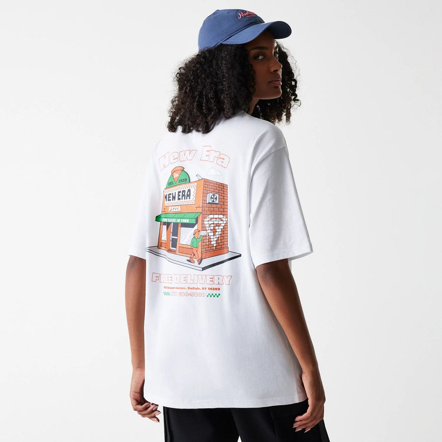 The Male model is wearing New Era Pizza Club Graphic White Oversized T-Shirt 4
