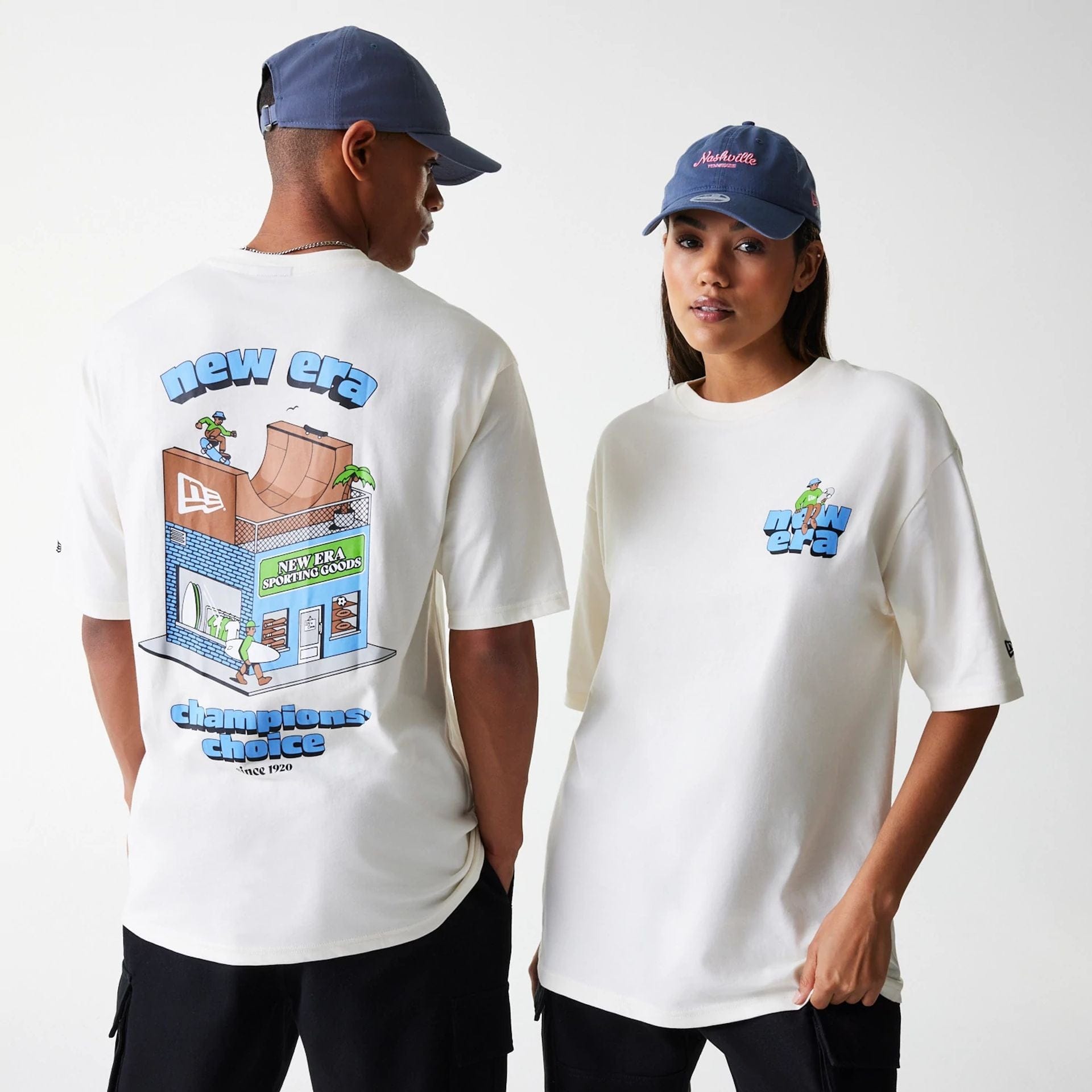 The Male model is wearing New Era Skate Graphic Open White Oversized T-Shirt 1