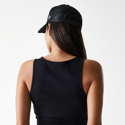 The Female model is wearing New York Yankees Womens MLB Midi League Essential Black Crop Tank Top 7