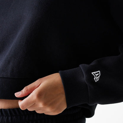 The Female model is wearing New York Yankees Womens MLB Midi League Essential Black Cropped Crew Neck Sweater 5