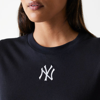 The Female model is wearing New York Yankees Womens MLB Midi League Essential Black T-Shirt 4