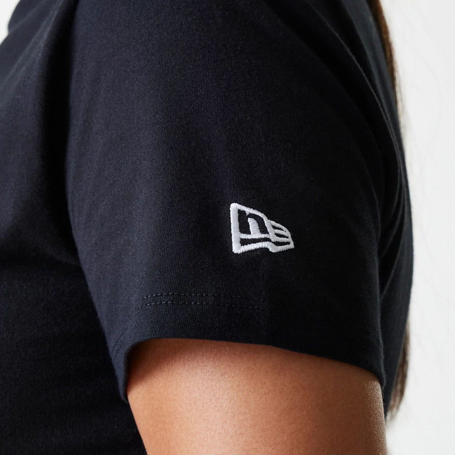 The Female model is wearing New York Yankees Womens MLB Midi League Essential Black T-Shirt 5