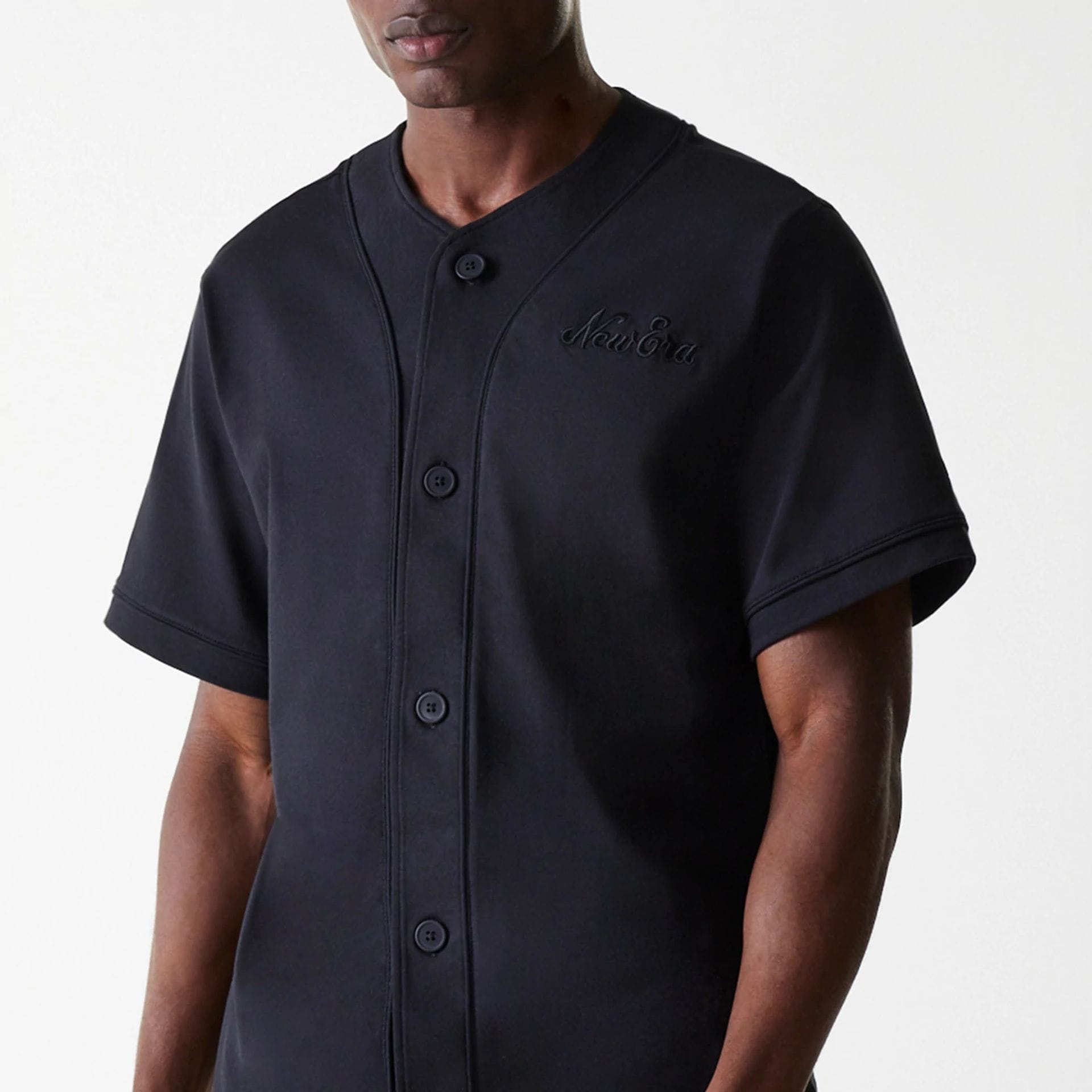 The Male model is wearing New Era Pinstripe Black Jersey 3
