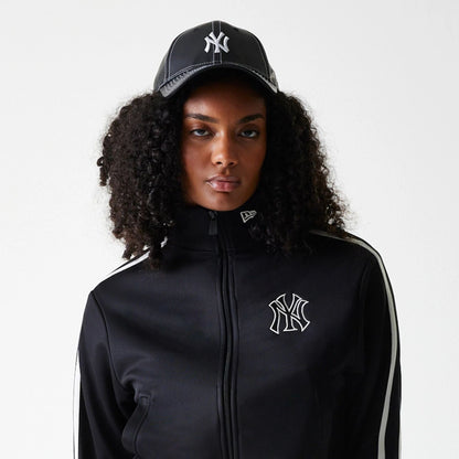 The Female model is wearing New York Yankees Womens MLB Midi Logo Black Track Jacket 5