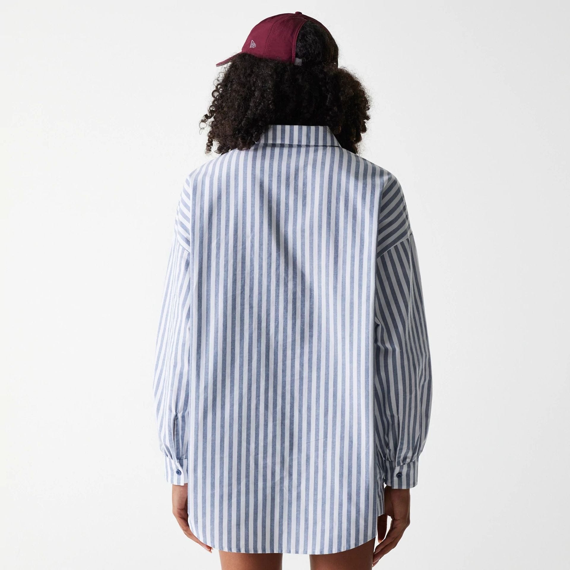 The Female model is wearing New York Yankees Womens MLB Stripe Dark Blue Long Sleeve Shirt 2