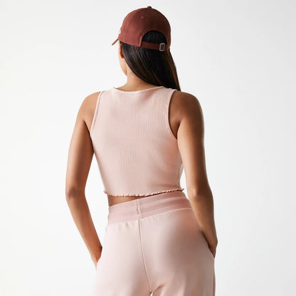 The Female model is wearing New York Yankees Womens MLB Rib Pastel Pink Rib Tank Top 2