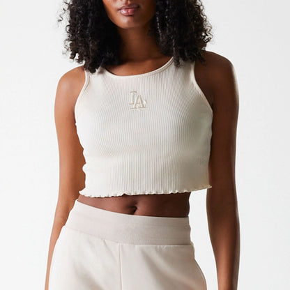 The Female model is wearing LA Dodgers Womens MLB Rib Light Beige Rib Tank Top 5