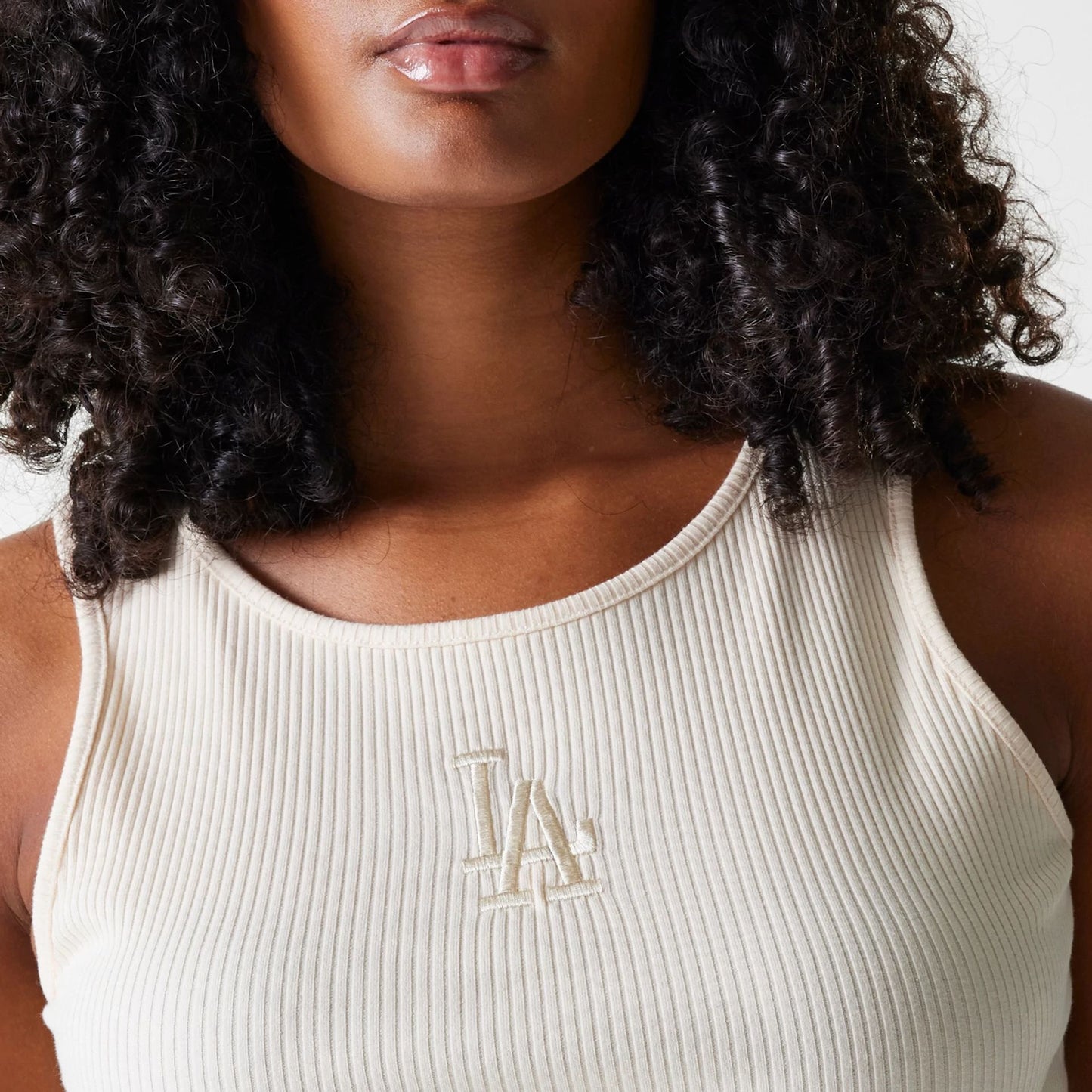 The Female model is wearing LA Dodgers Womens MLB Rib Light Beige Rib Tank Top 6