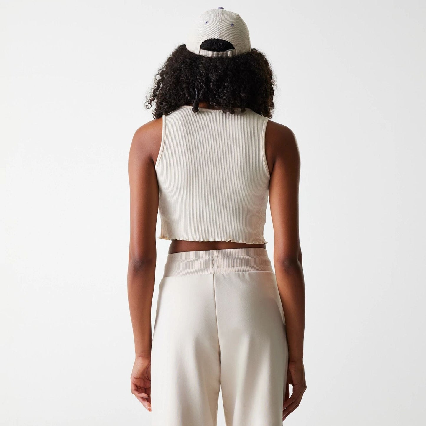 The Female model is wearing LA Dodgers Womens MLB Rib Light Beige Rib Tank Top 2