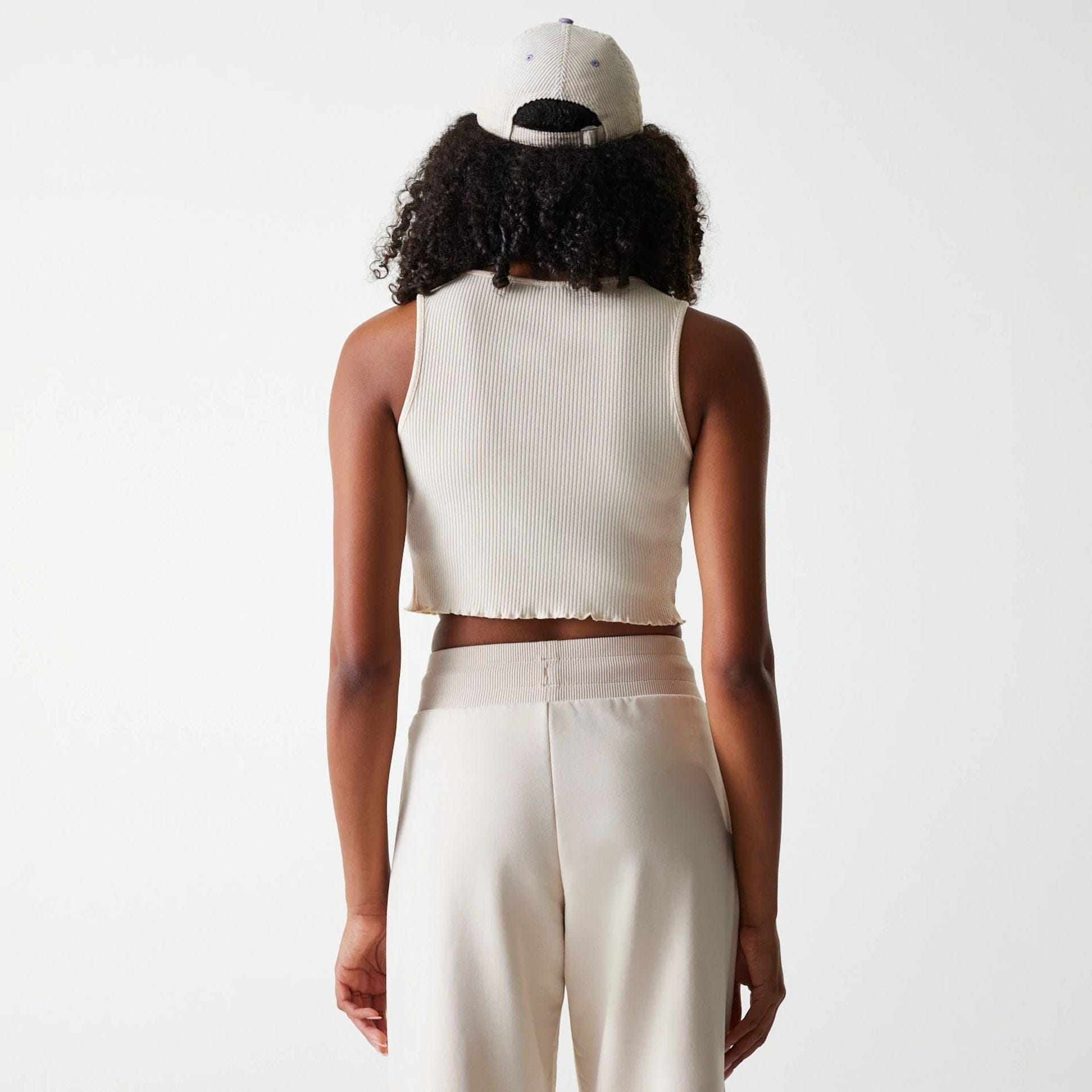 The Female model is wearing LA Dodgers Womens MLB Rib Light Beige Rib Tank Top 2