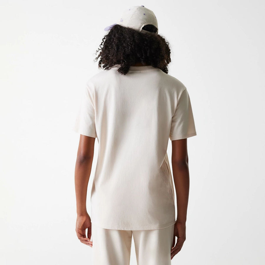 The Female model is wearing LA Dodgers Womens MLB Tonal Graphic Light Beige Oversized T-Shirt 2