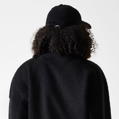 The Female model is wearing LA Dodgers Womens MLB Black Oversized Sherpa Bomber Jacket 7