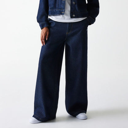 The Female model is wearing New York Yankees Womens MLB Dark Blue Wide Leg Denim Trousers 1