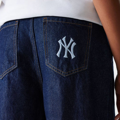 The Female model is wearing New York Yankees Womens MLB Dark Blue Wide Leg Denim Trousers 5