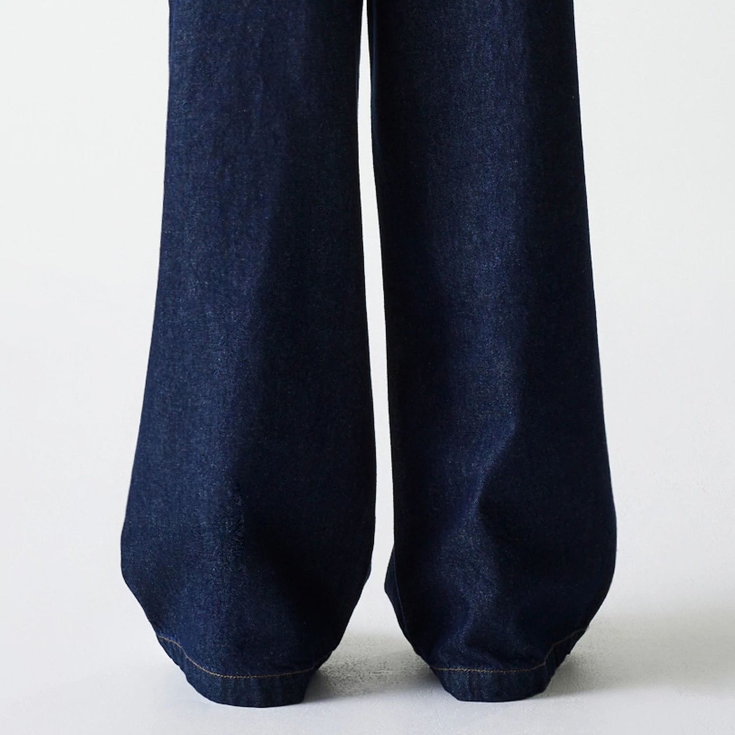 The Female model is wearing New York Yankees Womens MLB Dark Blue Wide Leg Denim Trousers 8