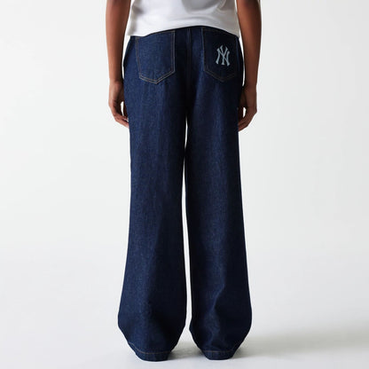 The Female model is wearing New York Yankees Womens MLB Dark Blue Wide Leg Denim Trousers 2