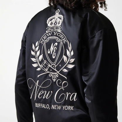 The Female model is wearing Womens New Era Satin Black Satin Bomber Jacket 4