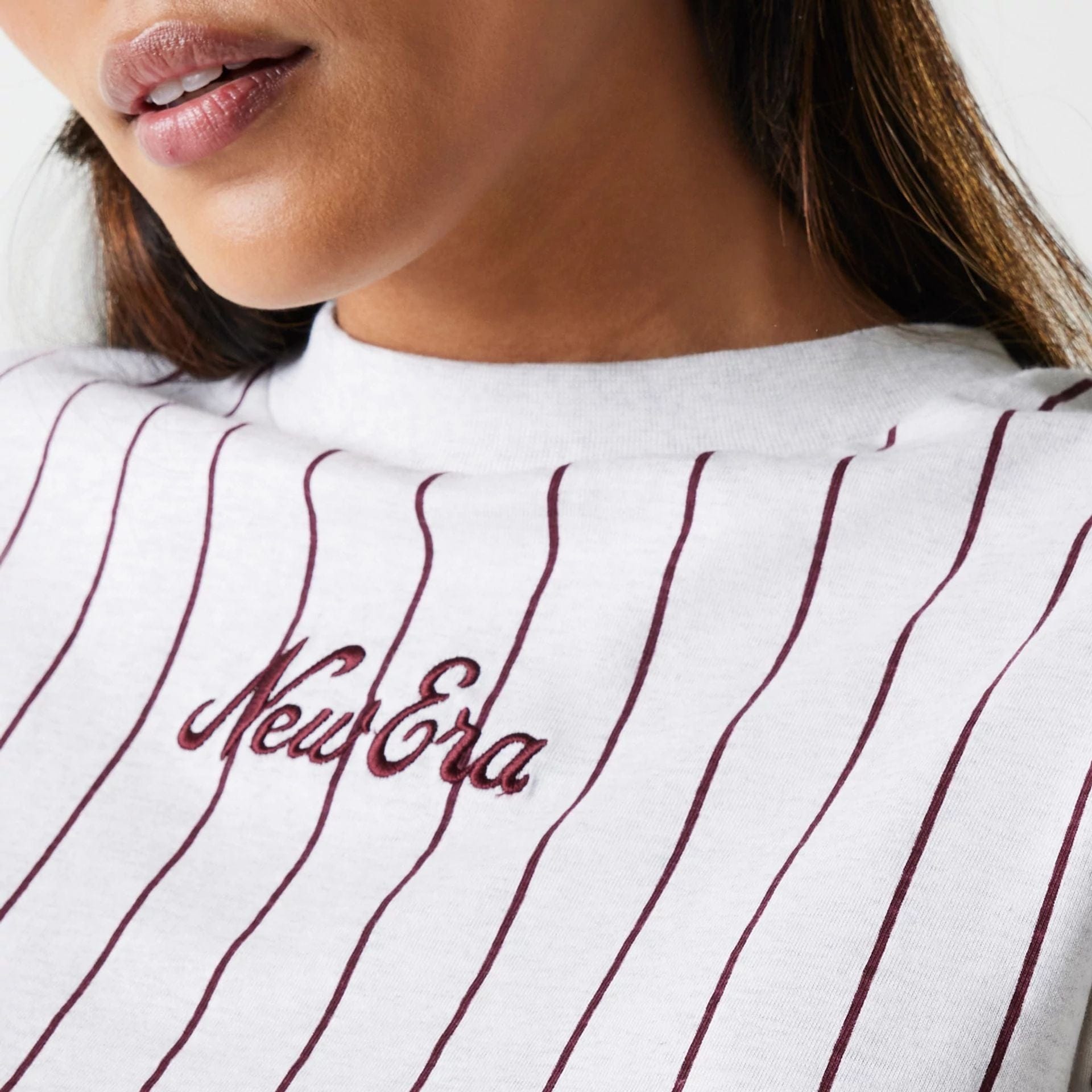 The Female model is wearing Womens New Era Pinstripe Pastel Grey Crop T-Shirt 3