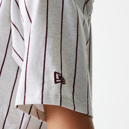 The Female model is wearing Womens New Era Pinstripe Pastel Grey Crop T-Shirt 4