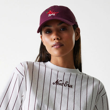 The Female model is wearing Womens New Era Pinstripe Pastel Grey Crop T-Shirt 6