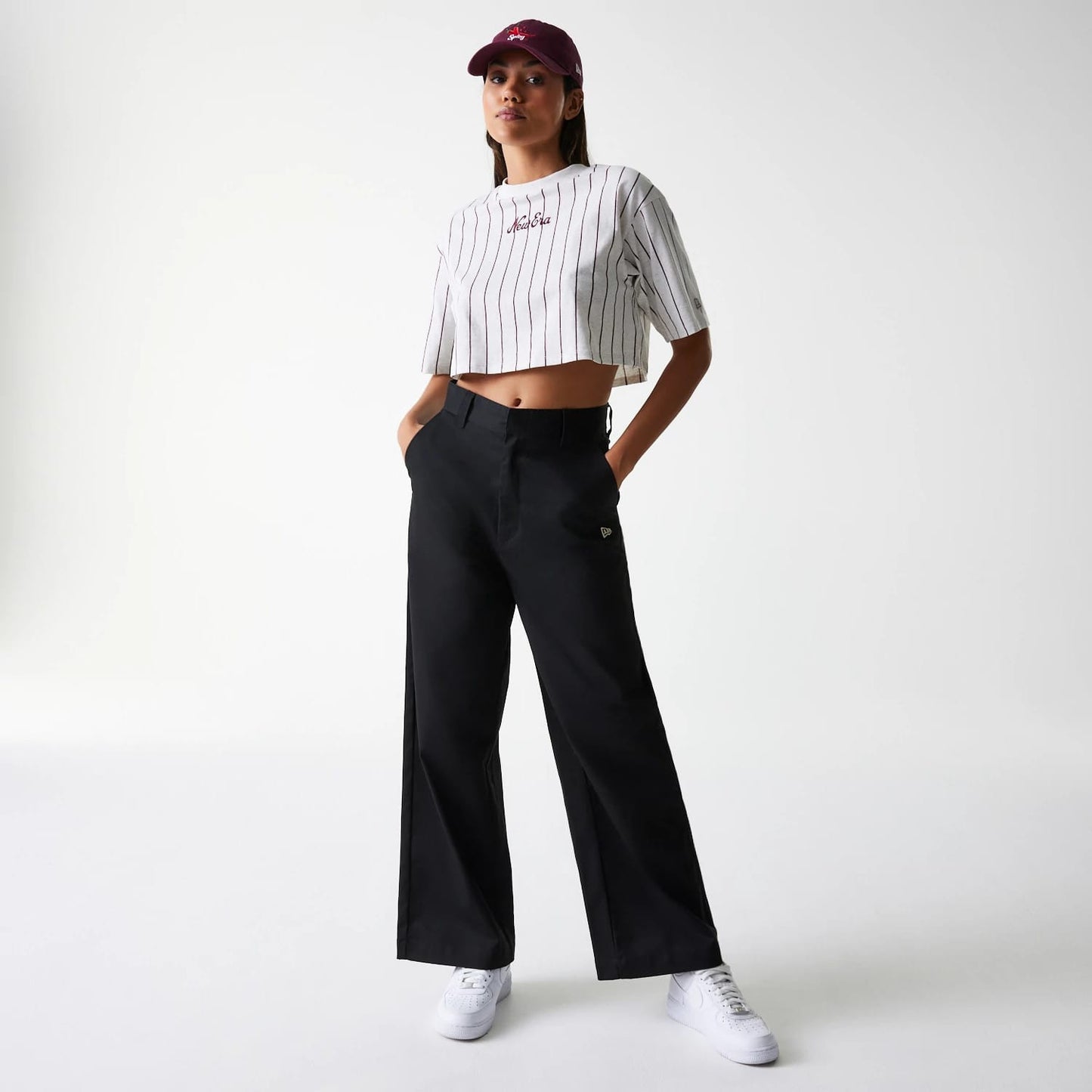 The Female model is wearing Womens New Era Pinstripe Pastel Grey Crop T-Shirt 8