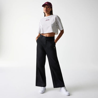 The Female model is wearing Womens New Era Pinstripe Pastel Grey Crop T-Shirt 8