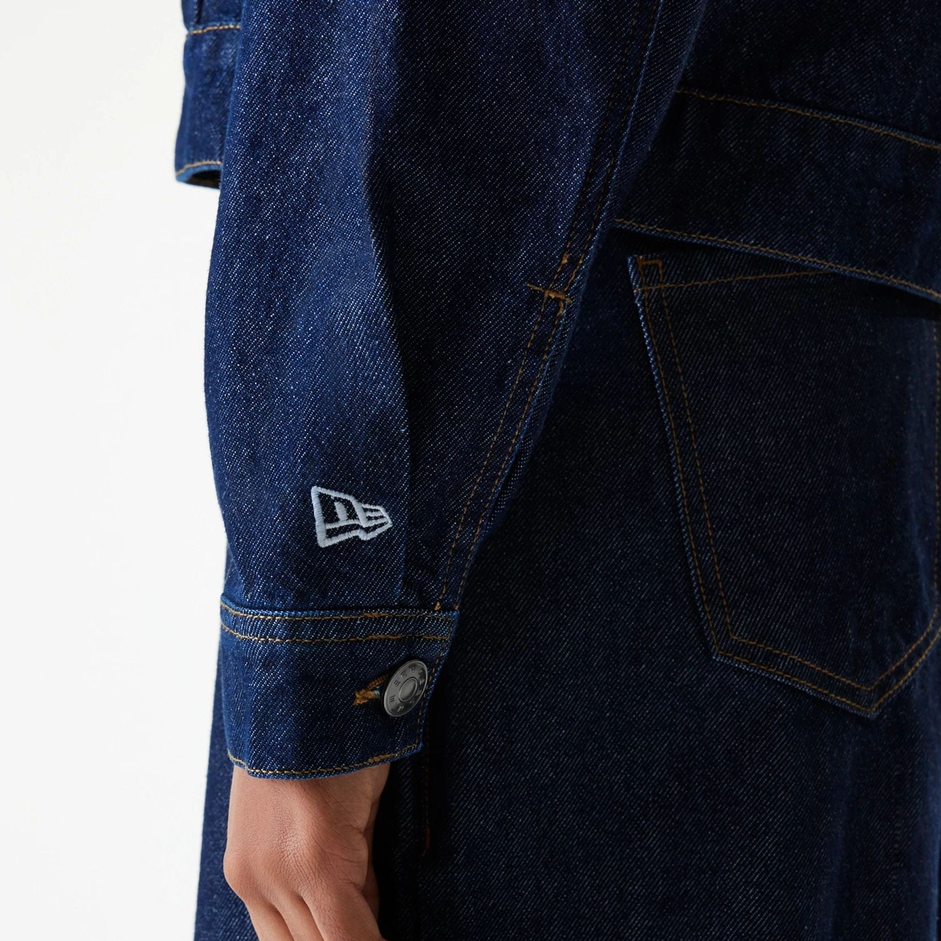 The Female model is wearing New York Yankees Womens MLB Dark Blue Denim Jacket 4