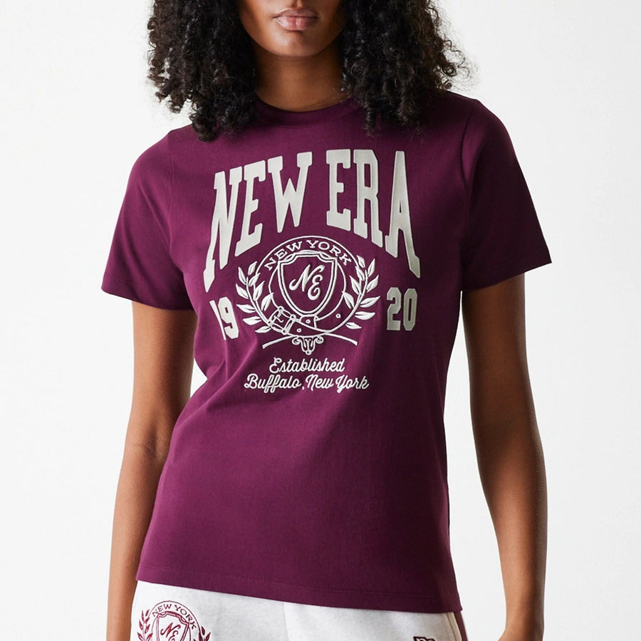 The Female model is wearing Womens New Era Crest Dark Red T-Shirt 3