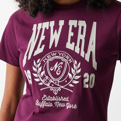 The Female model is wearing Womens New Era Crest Dark Red T-Shirt 4