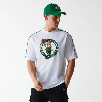 The Male model is wearing Boston Celtics NBA Piping White Oversized Mesh T-Shirt 4