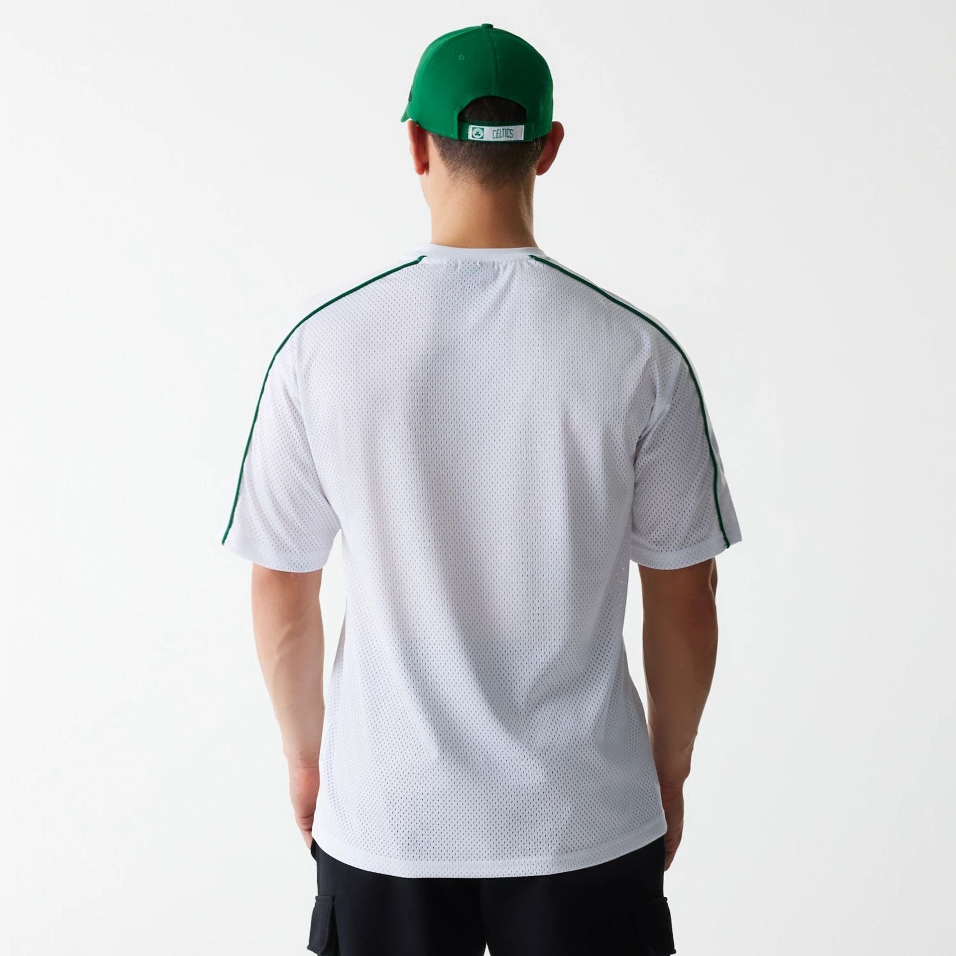 The Male model is wearing Boston Celtics NBA Piping White Oversized Mesh T-Shirt 2