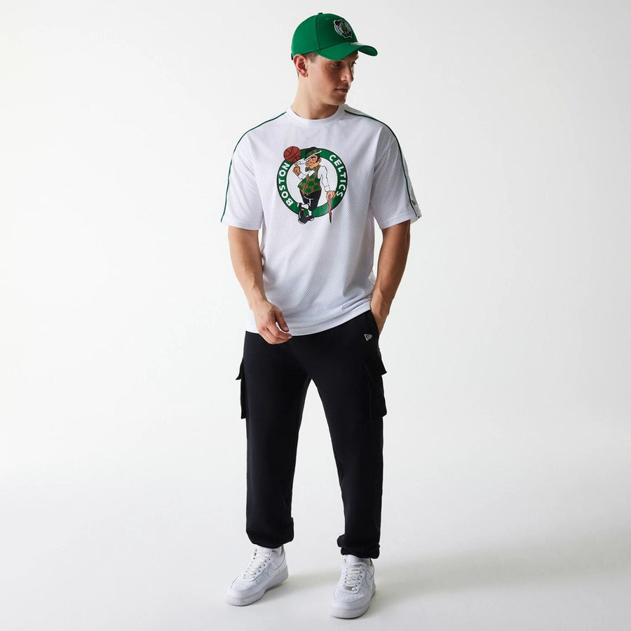 The Male model is wearing Boston Celtics NBA Piping White Oversized Mesh T-Shirt 8