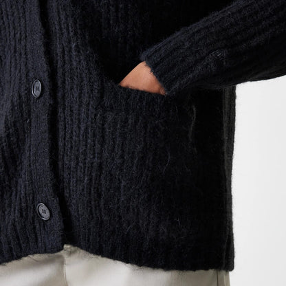 The Female model is wearing New York Yankees Womens MLB Knit Black Cardigan 5