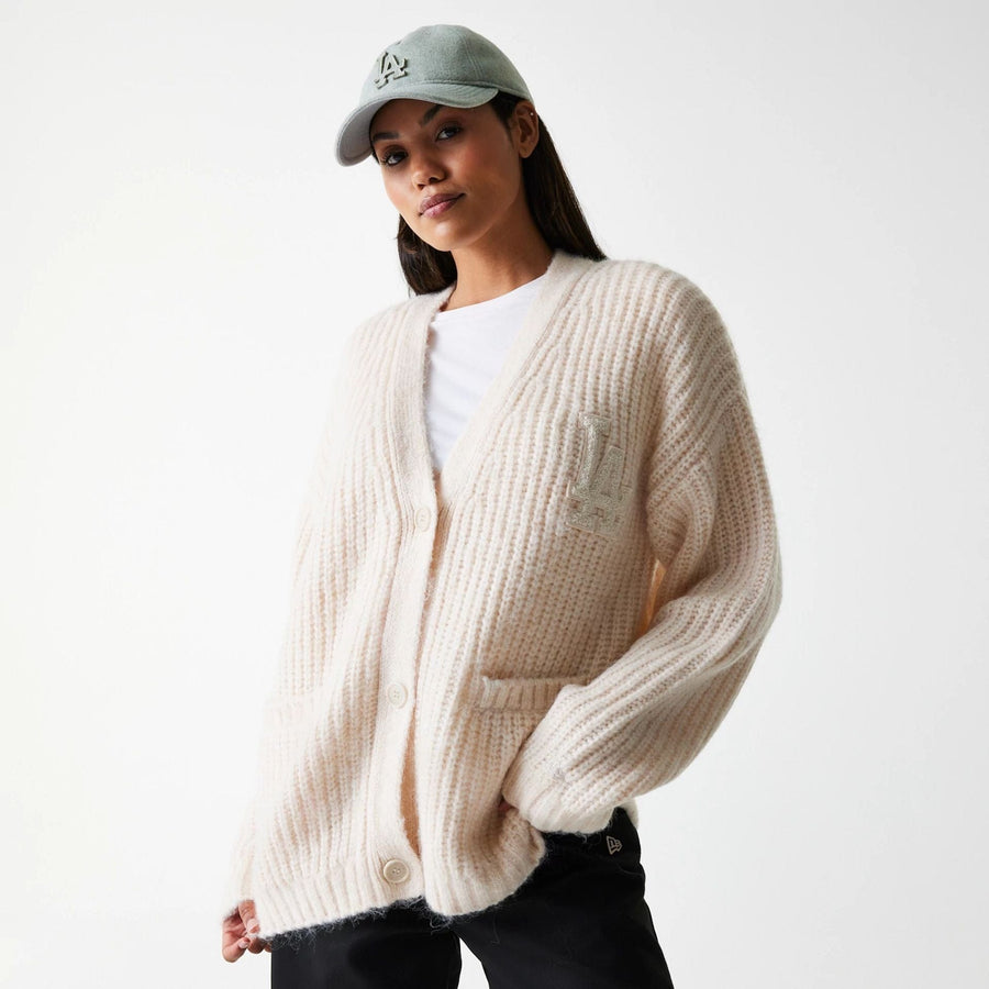 The Female model is wearing LA Dodgers Womens MLB Knit Light Beige Cardigan 1