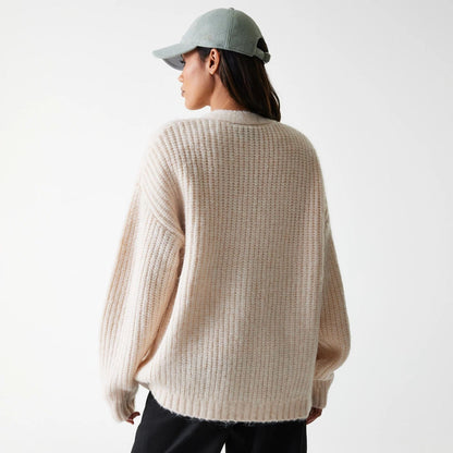 The Female model is wearing LA Dodgers Womens MLB Knit Light Beige Cardigan 2