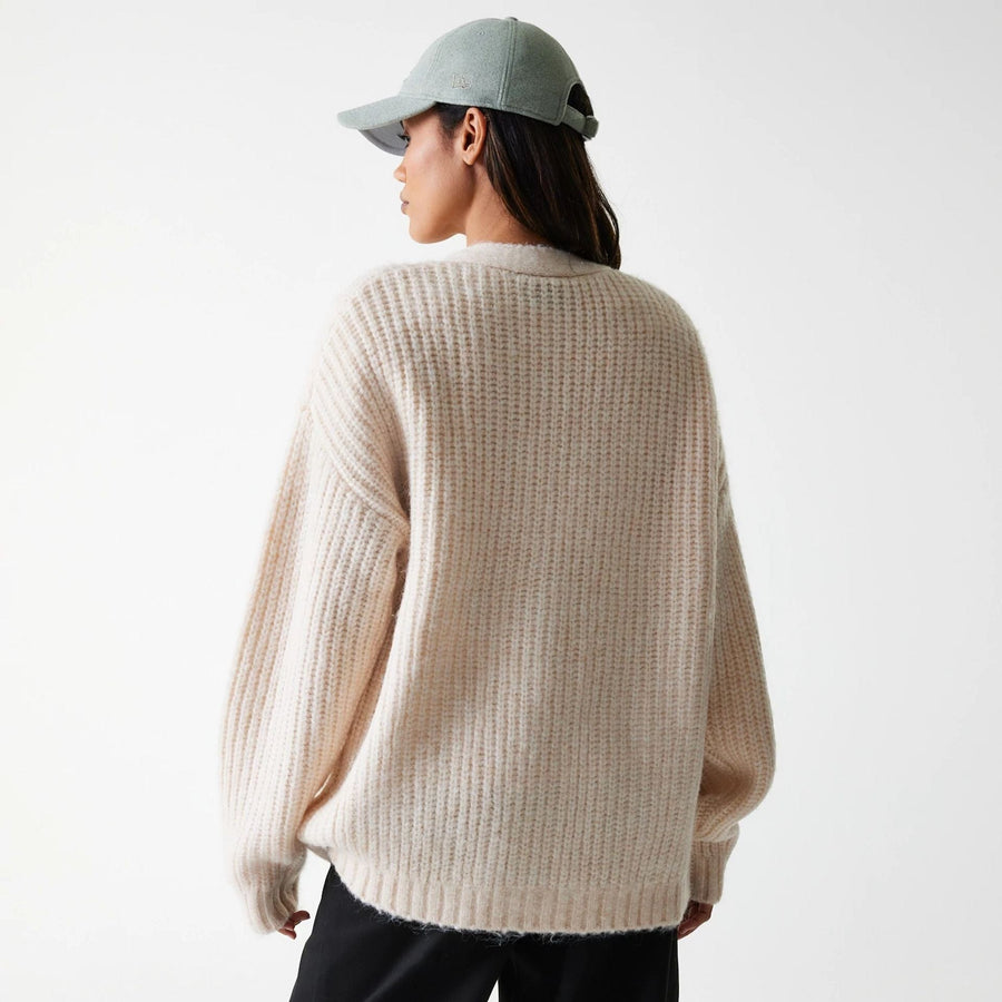 The Female model is wearing LA Dodgers Womens MLB Knit Light Beige Cardigan 2