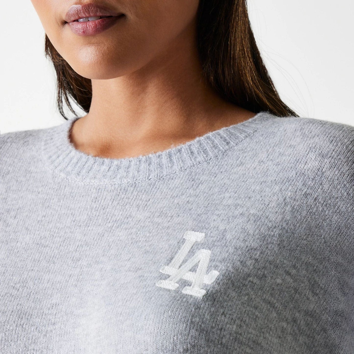 The Female model is wearing LA Dodgers Womens MLB Knit Grey Crew Neck Sweater 3