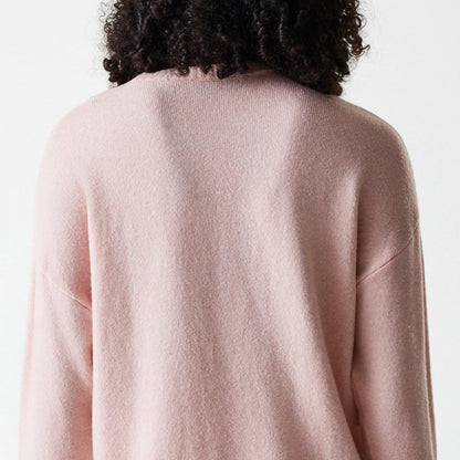 The Female model is wearing New York Yankees Womens MLB Knit Pastel Pink Crew Neck Sweater 6