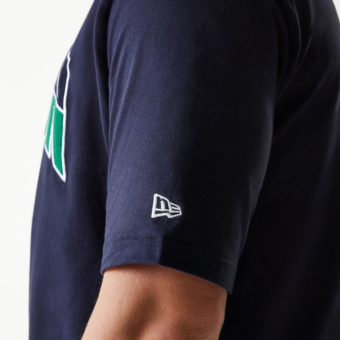 The Male model is wearing Boston Celtics NBA Arch Graphic Navy Oversized T-Shirt 6
