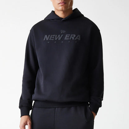 New Era Tech Black on Black Oversized Pullover Hoodie, front view showing a raised black New Era logo across the chest and additional lettering below, with a relaxed fit and ribbed cuffs on the black sleeves.