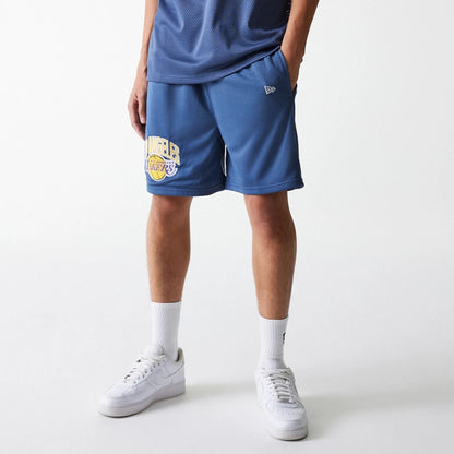 The Male model is wearing LA Lakers NBA Arch Graphic Dark Blue Mesh Shorts 5