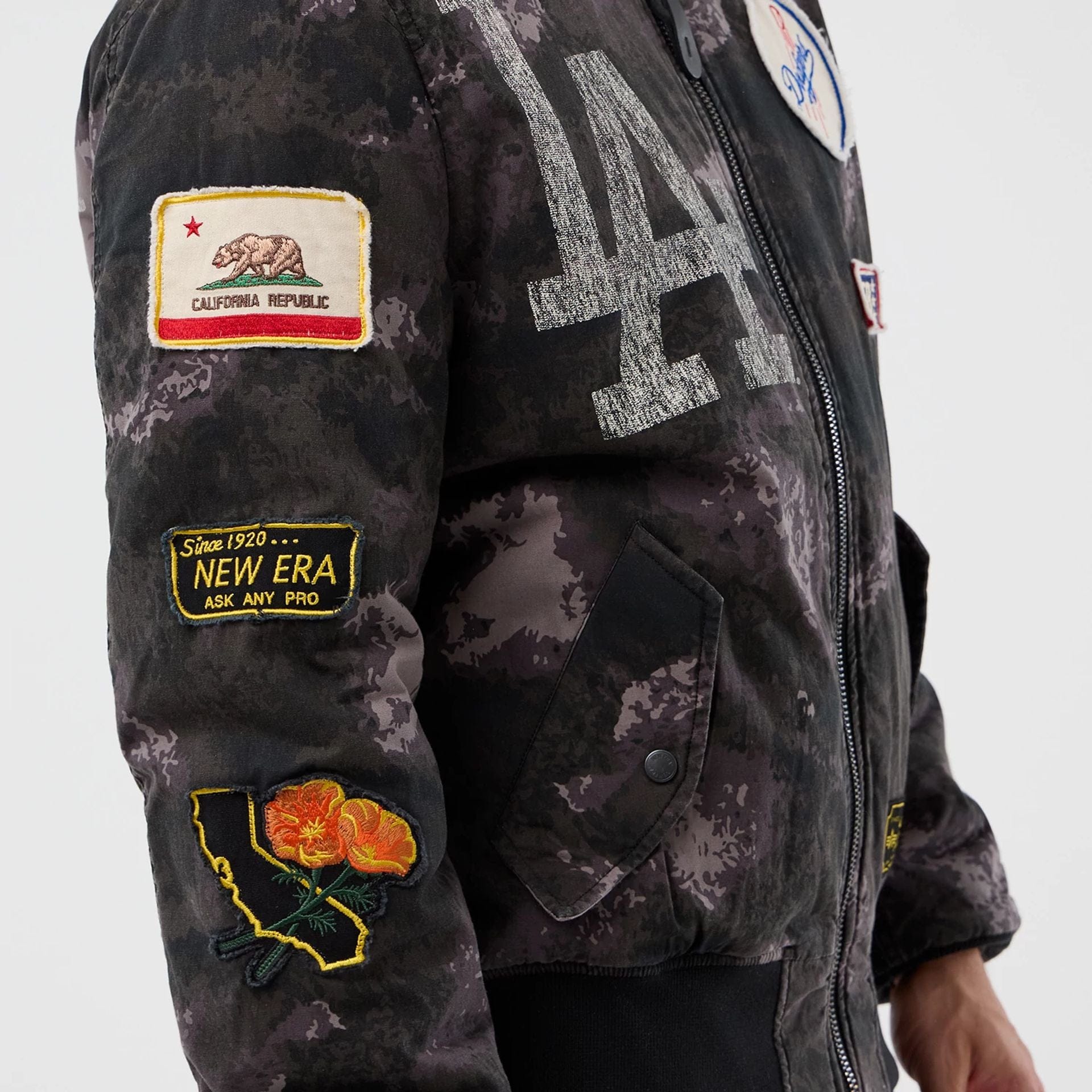 The Male model is wearing LA Dodgers MLB X Alpha Black Bomber Jacket 6