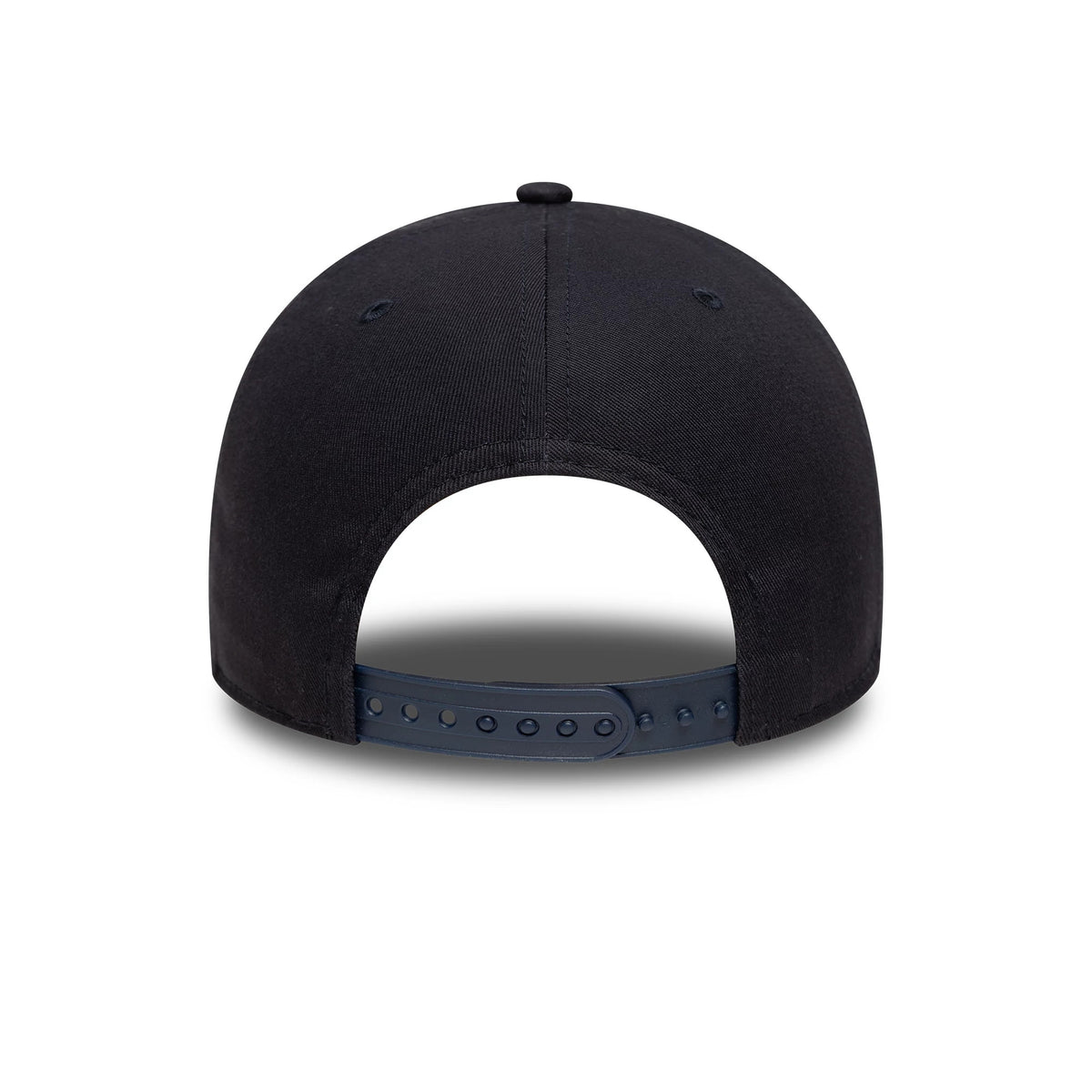 Chelsea FC Lion Crest Core Navy New Era 9FORTY Cap, rear view showing the open-back design with an adjustable navy strap, centred on the structured navy crown beneath the top button.