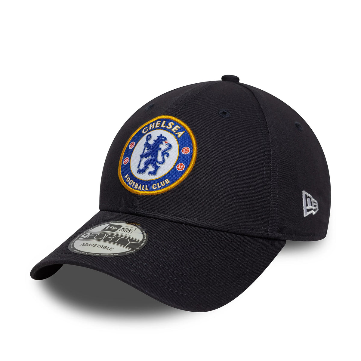 Chelsea FC Lion Crest Core Navy New Era 9FORTY Cap, three-quarter view showing the raised embroidered Chelsea FC lion crest on the front panel, navy curved visor with 9FORTY size sticker, and New Era flag logo on the left side.