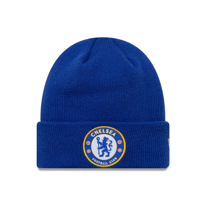 New Era Chelsea FC Lion Crest Youth Core Blue Cuff Knit Beanie Hat, front view showing the embroidered Chelsea logo in blue and gold on the cuff of the beanie, with a textured knit pattern and a rounded crown shape.