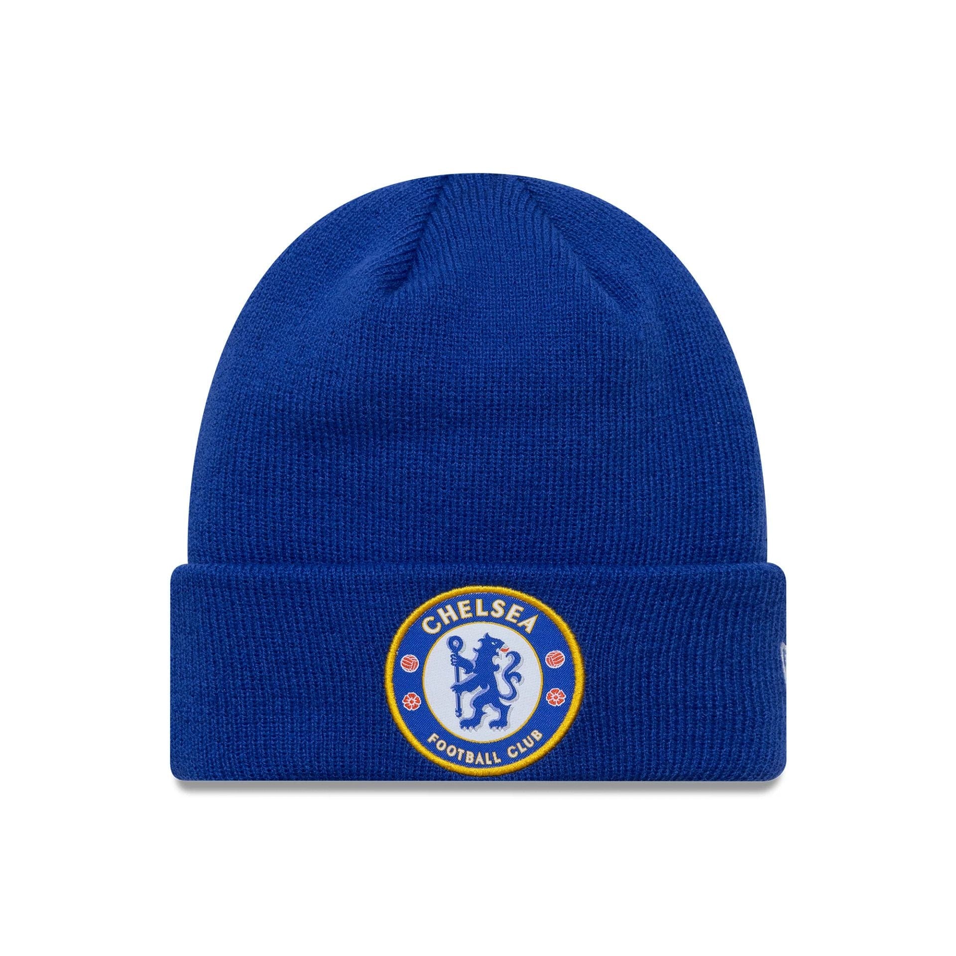 Pictured is this Youth Core Chelsea FC Lion Crest Cuff Knit Beanie in blue. 1