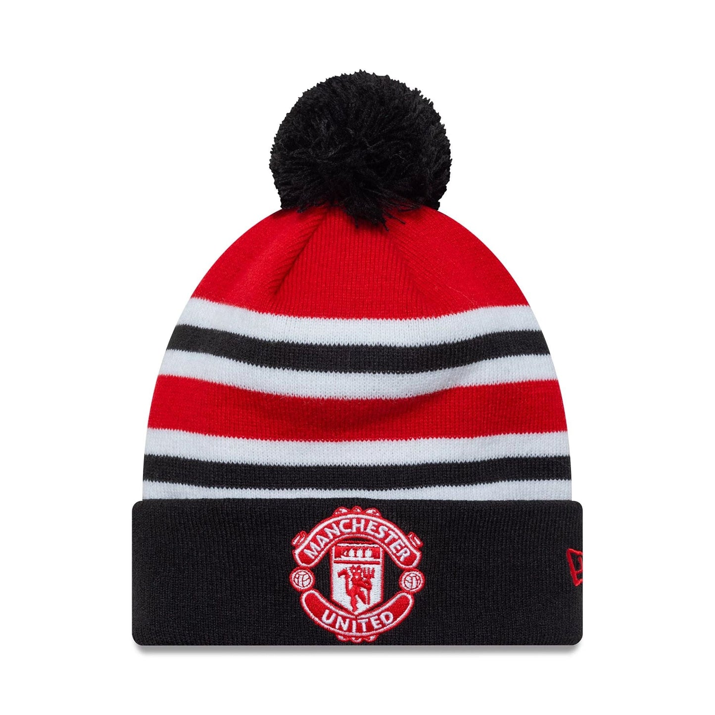 This is a Manchester United FC Youth Bar Stripe Red Cuff Knit Beanie Hat 1