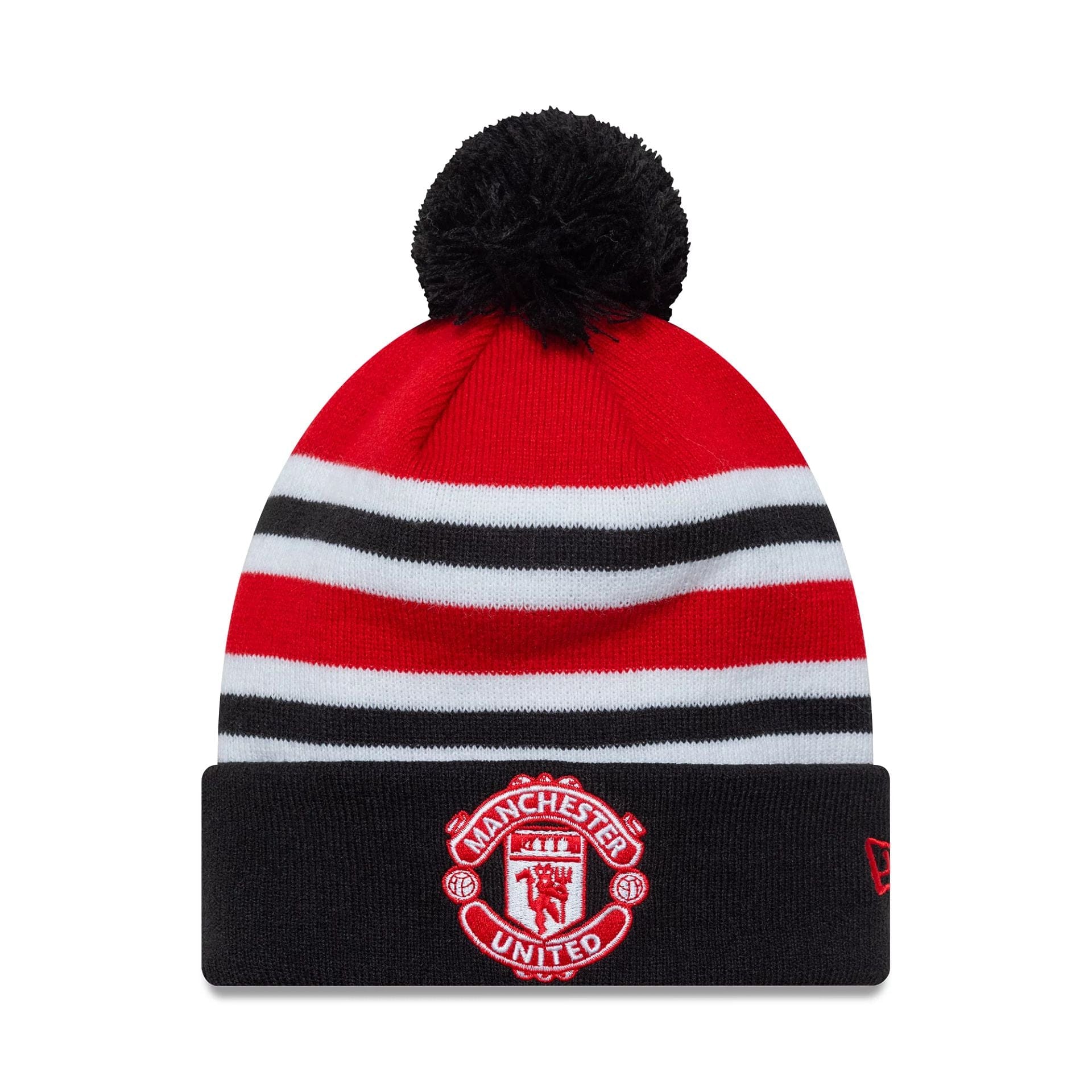 This is a Manchester United FC Bar Stripe Red Cuff Knit Beanie Hat 1